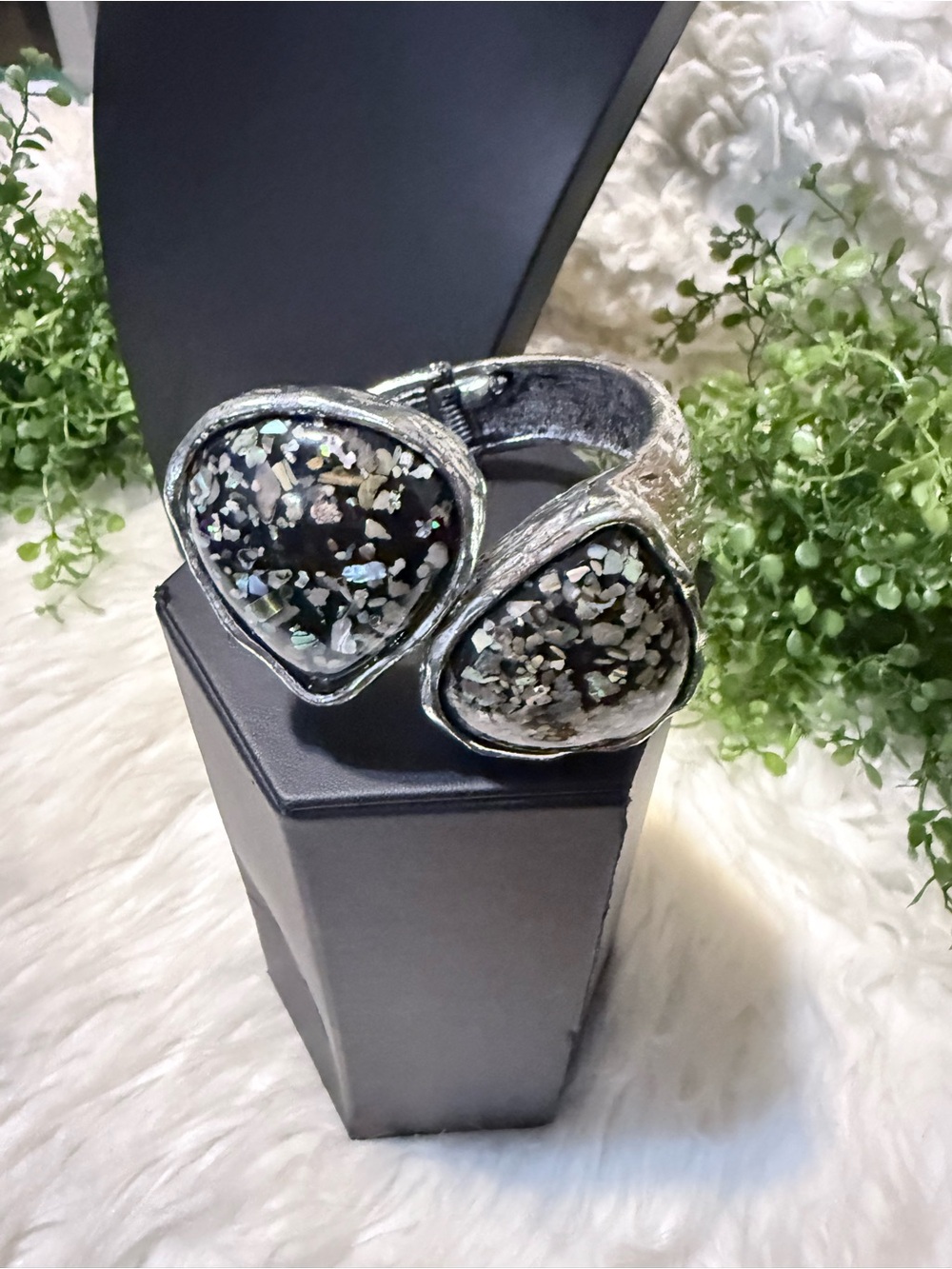 paparazzi Silver-Tone Black Mosaic Double Stone Cuff Bracelet